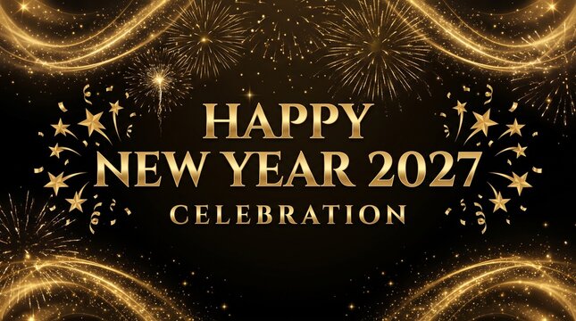 Elegant happy new year 2027 celebration background with golden numbers and bokeh.