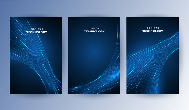 Abstract blue digital technology cover template set with futuristic glowing plexus network wave lines, cyber polygon poster background, A4 brochure layout for AI science business report presentation.