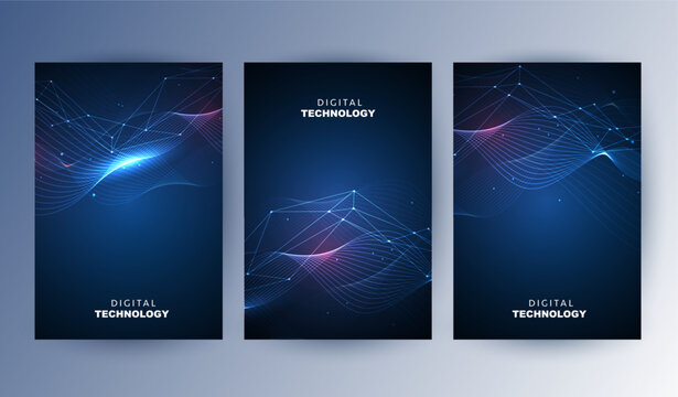 Abstract blue digital technology cover template set with futuristic glowing curved wave lines, cyan light flow poster background, A4 brochure layout for cyber network science business presentation.