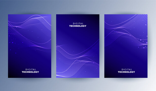 Abstract blue digital technology cover template set with futuristic glowing curved wave lines, cyan light flow poster background, A4 brochure layout for cyber network science business presentation.