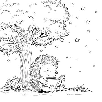 Cute Hedgehog Reading a Book Under Tree Coloring Page