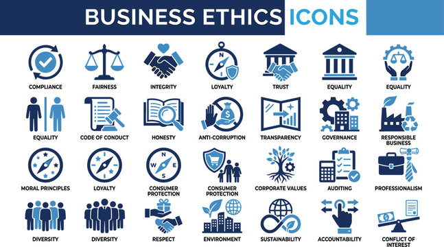 Corporate business ethics vector icon set featuring compliance integrity fairness transparency governance sustainability responsibility and accountability symbols