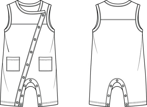 Baby romper technical flat sketch vector template with side asymmetrical snap button opening and pockets