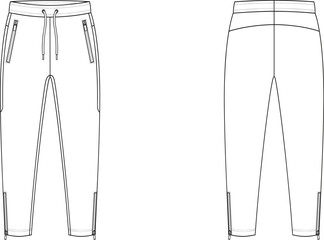 Fashion technical flat sketch of mens fleece jogger pants with zipper pockets front and back view © MdSohel