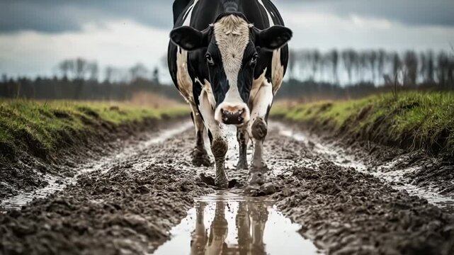 A holstein cow walking directly towards the camera on a muddy rural path