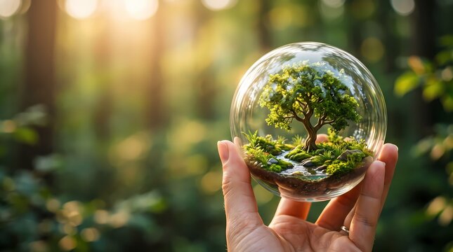 Hand holding glass globe with green tree inside forest symbolizing environmental protection and ESG