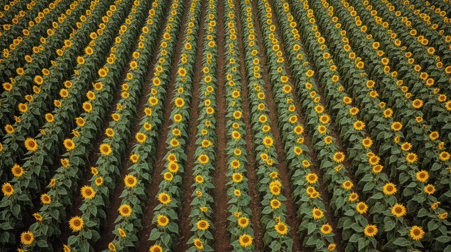 Aerial sunflower field with repeating rows and warm light, calm rural pattern