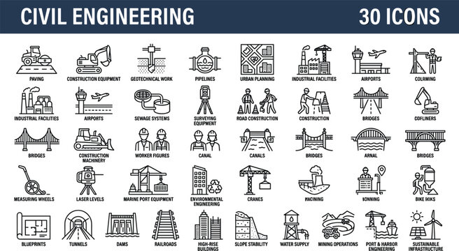 Civil engineering infrastructure and city development line icons pack highlighting urban planning bridges dams pipelines and machinery