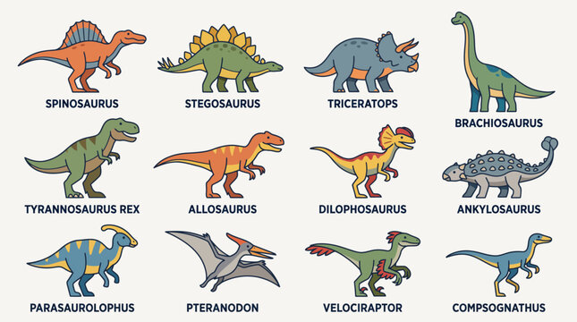Educational dinosaur types infographic with cute cartoon prehistoric animals
