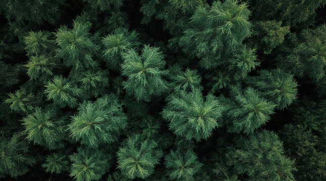 Dense aerial view of evergreen forest canopy with radial treetop patterns and deep green tones
