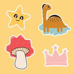 Cute Kawaii Sticker Set With Smiling Star Diplodocus Dinosaur Mushroom And Princess Crown © Kinza