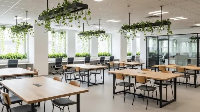 Modern open plan office interior with hanging plants and wooden tables