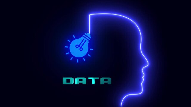 Big data processing and information storage concept with illuminated profile outline and glowing bulb symbol