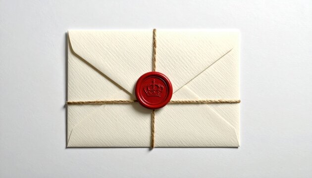 Cream envelope secured with twine and a red wax seal featuring a crown