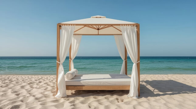 Beach cabana daybed on white sand with sheer curtains and turquoise sea view