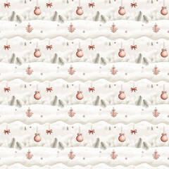 Obraz premium Watercolour Christmas illustration. Seamless pattern featuring trees and snowflakes. Nordic winter style.