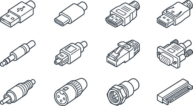 Computer and Audio Video Cable Connector Isometric Line Icon Set with USB Type C, HDMI, DisplayPort, Ethernet RJ45, VGA, Aux Jack, and RCA Graphic Vector Elements
