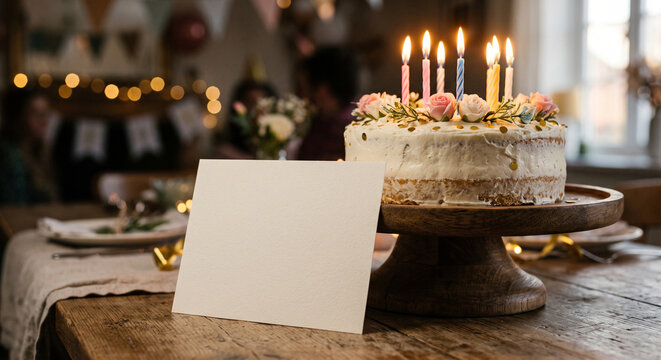Blank greeting card leaning against a wooden cake stand with a birthday cake