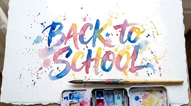 Colorful back to school watercolor painting with splashes on white paper