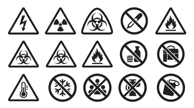 Hazard and danger warning sign set for chemical fire and safety regulations with chemical radioactive biohazard