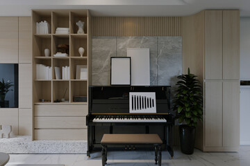 Modern living room in contemporary style with a black piano, a bookshelf, and a plant © Dulal