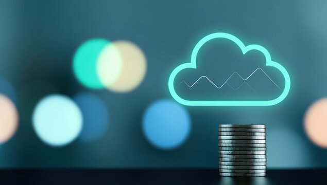 Glowing digital cloud symbol over stacked metal coins.