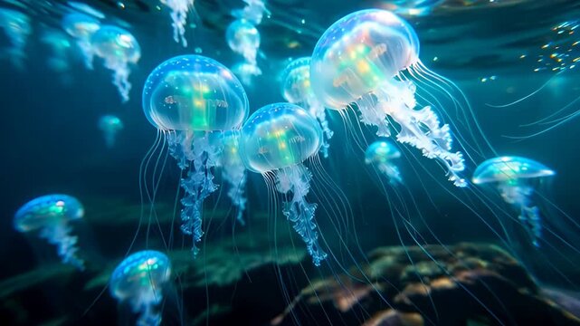 Bioluminescent jellyfish floating gracefully in deep blue underwater ocean environment with soft light filtering from above creating ethereal and magical aquatic scene