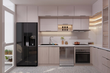 Modern white kitchen cabinet with integrated fridge and dishwasher, minimalist design, high-end feel © Dulal