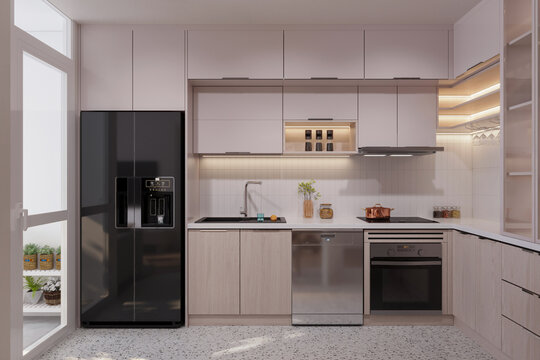 Modern white kitchen cabinet with integrated fridge and dishwasher, minimalist design, high-end feel