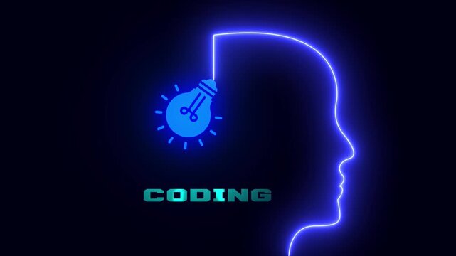 Software development and programming logic animation with glowing neon head outline and idea bulb