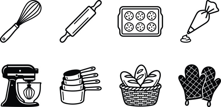 Baking icon pack featuring mixer whisk rolling pin muffin pan piping bag measuring cups bread basket and oven mitts vector