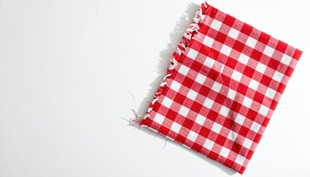 Red and white checkered fabric with frayed edges on a white surface