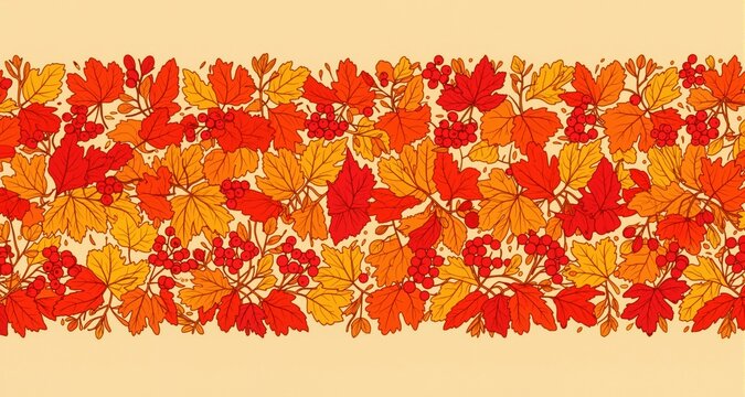 Hand drawn horizontal banner pattern with autumn bright leaves and berries in retro color template. Flat doodle style. Vector illustration.
