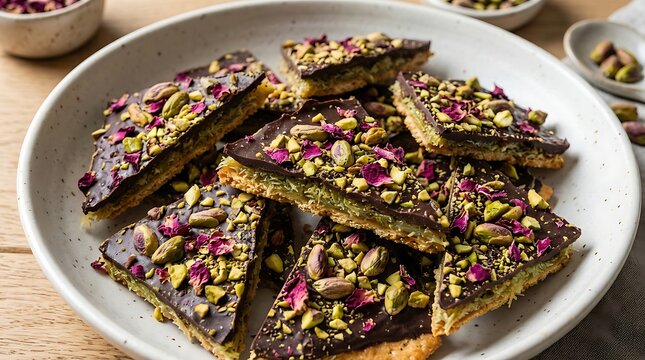 Homemade pistachio knafeh chocolate bark with crispy kataifi, dark chocolate, chopped pistachios, and dried rose petals on a white plate
