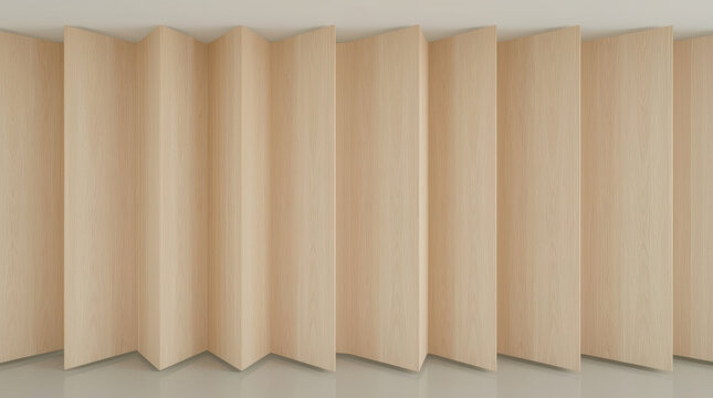 Front folding wood partition architectural interior with soft light and minimalist rhythm
