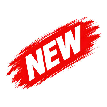 Bold white capital letters spelling new positioned over a vibrant red hand painted brush stroke texture isolated on a clean white background