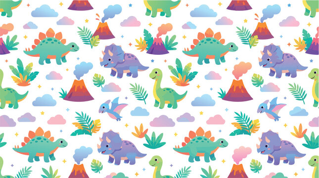 Cute Cartoon Dinosaurs Seamless Pattern with Volcanoes.