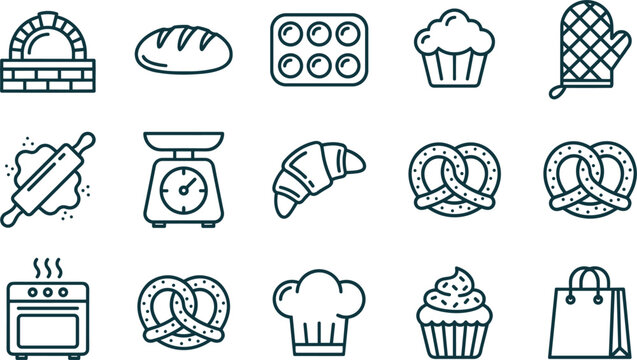 Bakery business outline icon pack with bread oven croissant muffin rolling pin pastry scale pretzel and chef hat vector