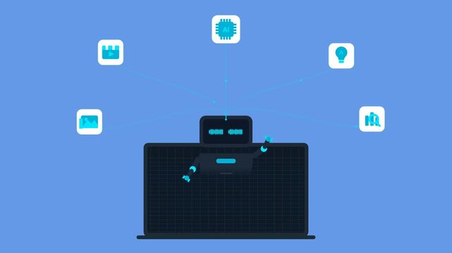 Artificial intelligence robot interacting with digital data icons