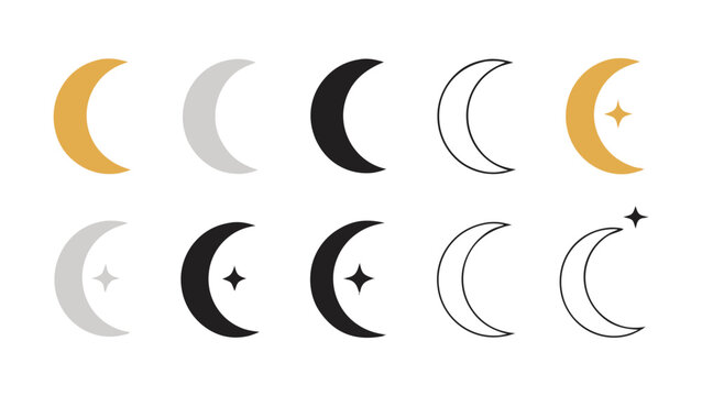 Elegant crescent moon icon set. Minimalist lunar phase symbols for graphic design.