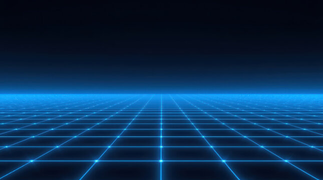 Neon blue cyber grid horizon with glowing perspective and minimalist futuristic mood