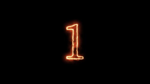 Glowing neon number one display against dark background with sequentially appearing three times against completely high contrast video glowing