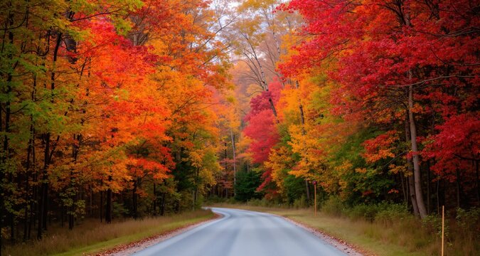 colorful trees and rural road in deep autumn forest, natural background
