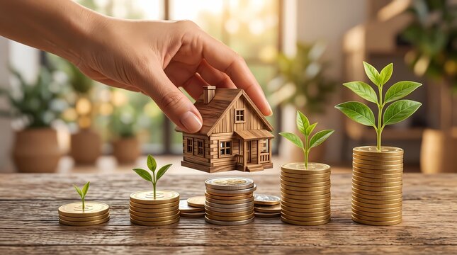 Hand placing small wooden house on coin stacks with growing plants for real estate investment concept
