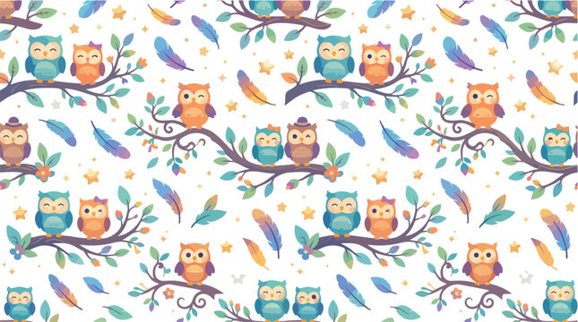 Seamless pattern featuring colorful cute owls perched on tree branches with decorative feathers.