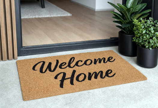 Modern welcome home doormat placed at the entrance with indoor plants beside a glass door