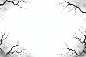 Obraz premium Gothic Branches Border: Silhouetted gothic branches and delicate seed pods frame a stark white space, creating an eerie yet elegant border with a hint of natural decay and dramatic flair.