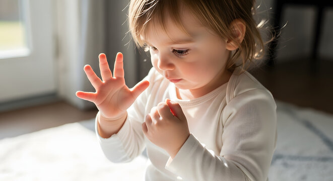 Baby raising hand and looking at palm indoors