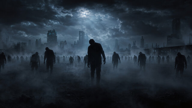 Apocalyptic Horde: A chilling panorama of a desolate cityscape shrouded in mist, where a relentless horde of zombies advances ominously under a brooding, moonlit sky.