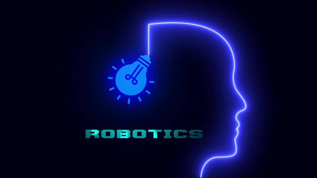 Advanced robotics and automated machinery concept with illuminated face outline and lamp bulb symbol